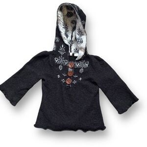 Girls’ Moth Dark Gray Wool Blend Hoodie Sweater Floral Knit Pullover Small